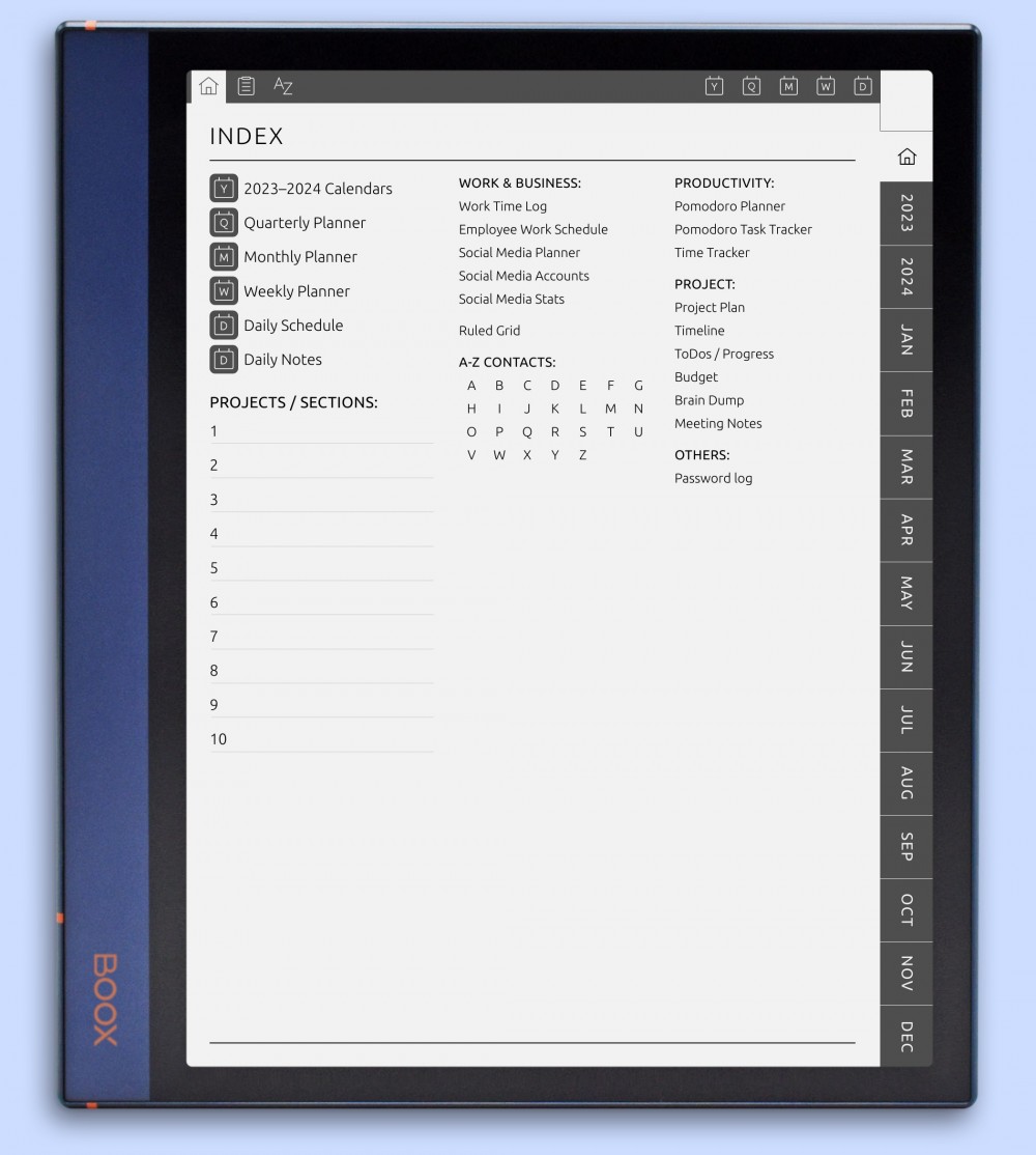 Index Page Template for Boox Note
