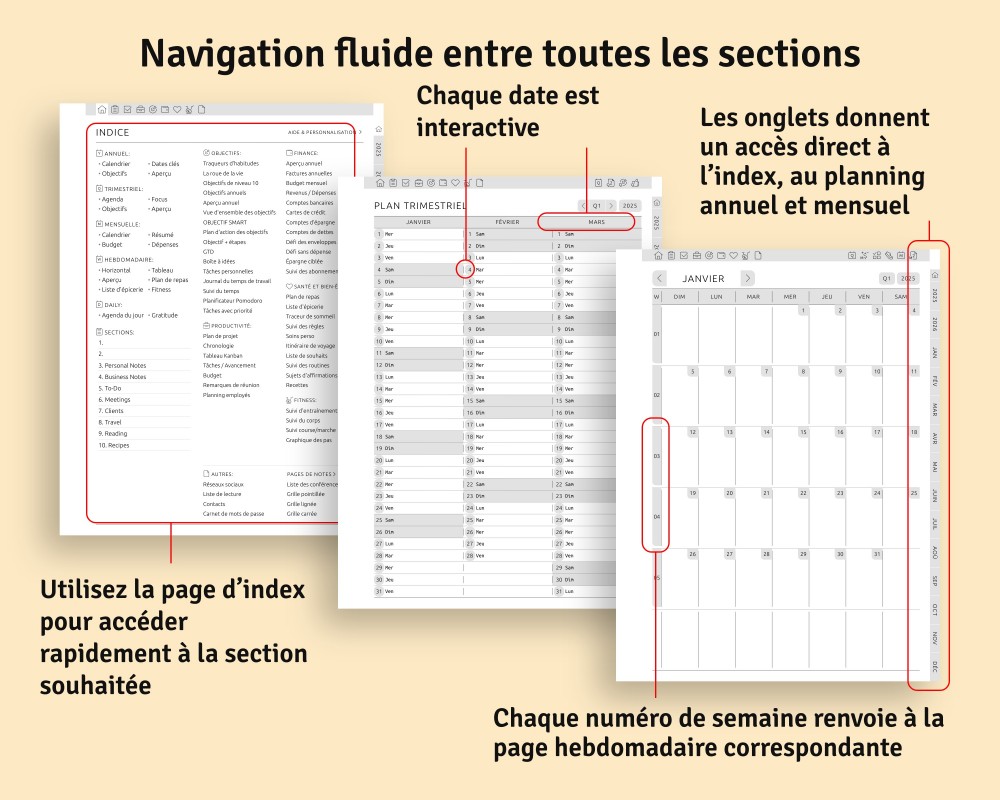 Navigation fluide : Explorez facilement votre agenda grâce aux hyperliens intégrés for Supernote Planner Navigation fluide : Explorez facilement votre agenda grâce aux hyperliens intégrés Template for Supernote