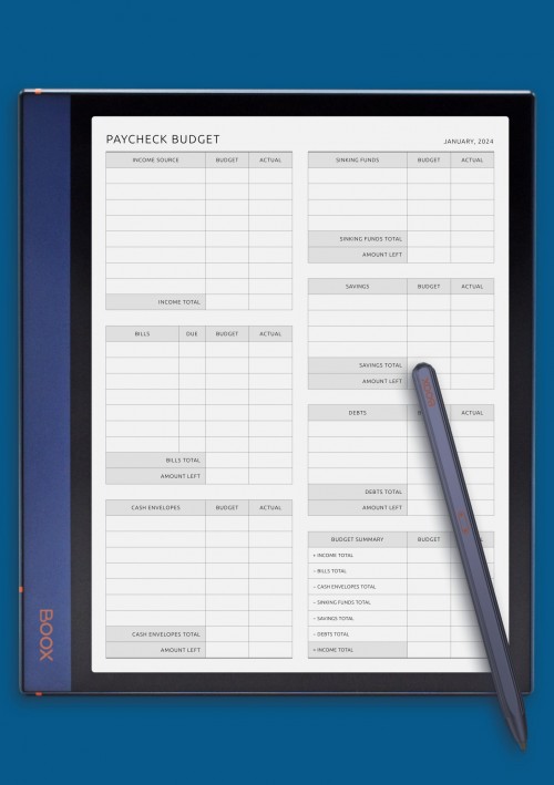 BOOX Note Paycheck Budget with Cash Envelopes Template