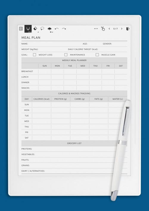 Printable Eating Plan with Macronutrients &amp; Weekly Meals template for Supernote